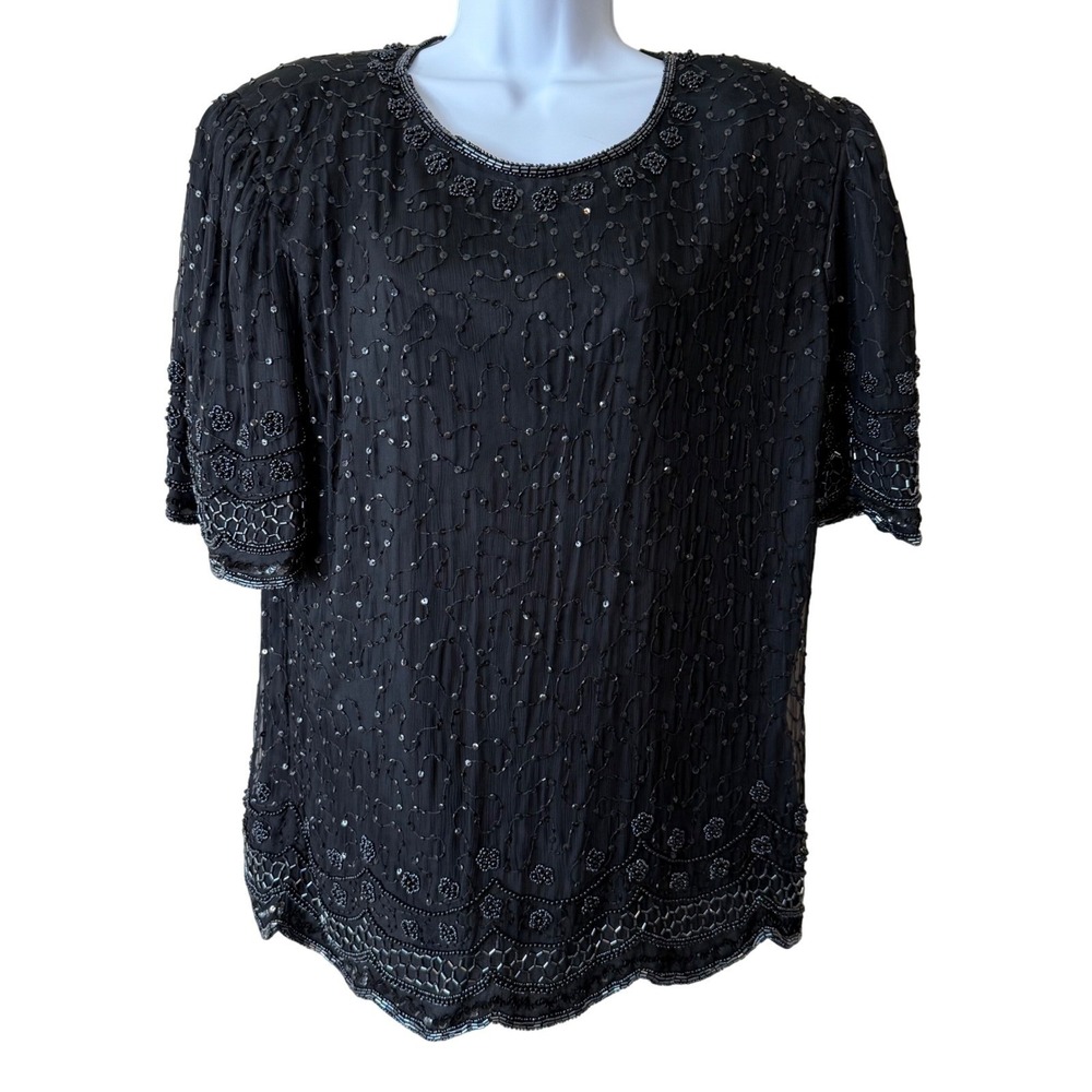 VTG Laurence Kazar NY Beaded Black Sequined Top 1X Party Cocktail Blouse Silk